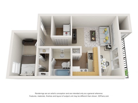 a 3d drawing of a 1 bedroom apartment with a bathroom and a living room